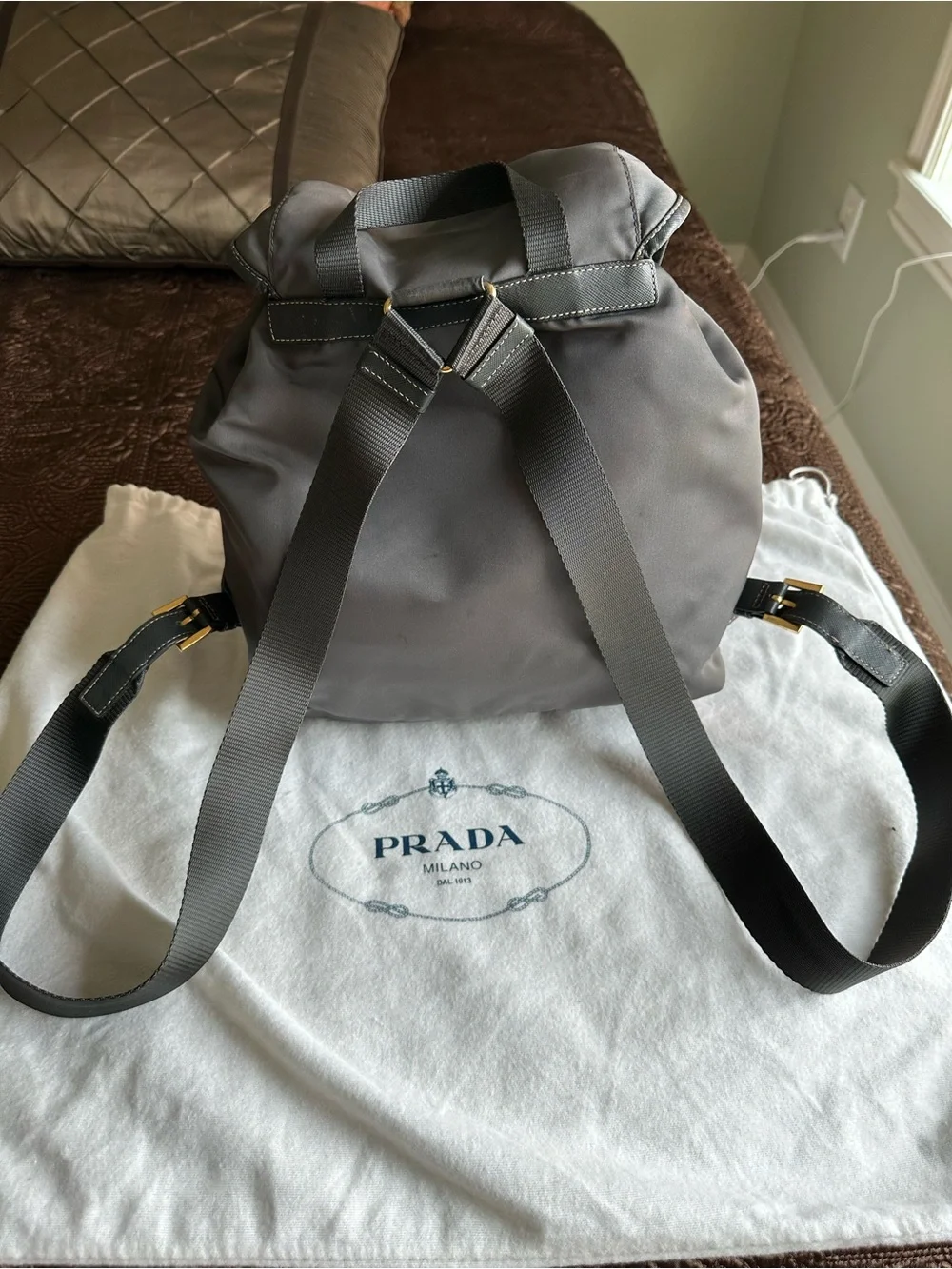 Prada Gray Nylon Drawstring Backpack with Gold Hardware